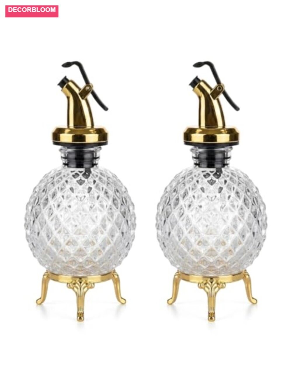 Oil and Vinegar Cruet Set 2pc Glass Bottles with Gold Metal Stand - Picture 4 of 6